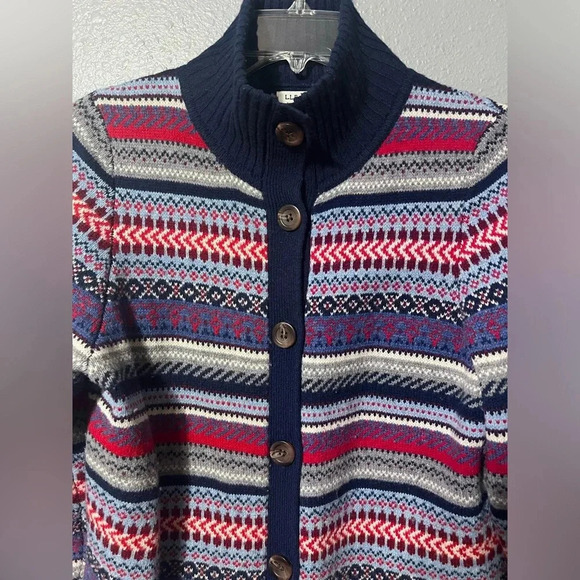 Women's L.L.Bean Striped Multi Colored Sweater Sz MED Merino Wool Big Buttons. - Picture 3 of 6